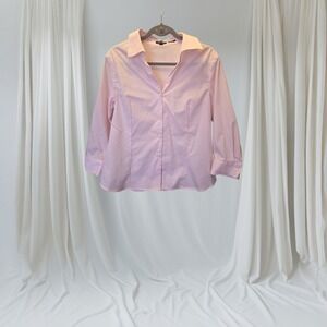 Jones New York Non-Iron Pink Pinstripe Button-Up Shirt | Size Large